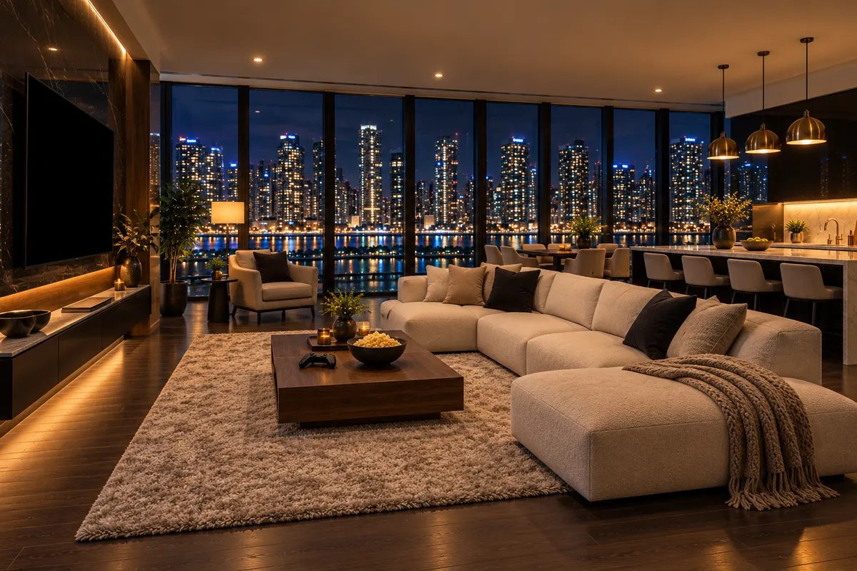The condo living room at night